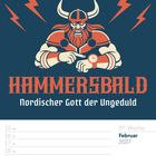 „HAMMERSBALD, Nordischer Gott der Ungeduld“. Illustration eines wütenden Wikingers mit Hörnerhelm und Uhr.