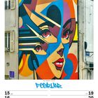 FEBRUAR. Datum: 15.-21. KW07/2027. Wandgemälde zeigt ein abstraktes Gesicht mit kräftigen Farben und roten Augen.