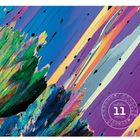 Ein kreisförmiger Kalender mit der Zahl 11 in der Mitte. Bunte abstrakte Formen in Blau, Grün und Lila.