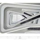 Text: "Treppenhaus im Dockland, Kalendarium November 2023." Abstrakte Ansicht eines modernen Treppenhauses mit verschachtelten Linien.