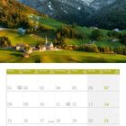 Kalender für November 2027. Foto einer malerischen Landschaft mit schneebedeckten Bergen und grünen Hügeln.