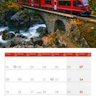 Kalender für November 2027, Zug auf Steinbrücke vor herbstlichen Bäumen und schneebedeckten Bergen.