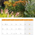 Kalendertage mit Notizen wie: "Allerheiligen", "St. Martin", "Buß- und Bettag", "Thanksgiving Day". Oben blühender Garten.