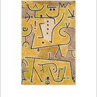 November. Abstrakte Illustration mit braunen und gelben Formen, feinen Linien, stilisierten Figuren und Symbolen.