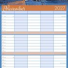 Kalenderblatt für November 2027. Zwei flauschige Kätzchen schauen aus Taschen einer blauen Jeans hervor.