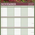 November 2027 Kalender mit herbstlichem Bild. Eine Parkszene mit einer Statue inmitten bunter Blätter.