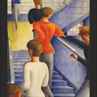 „November“ und eine Kalenderübersicht. Illustration von Menschen auf einer Treppe, geometrisch gestaltet.