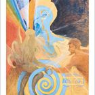 November. Eine farbenfrohe Illustration mit abstrakten Formen und Figuren in Blau, Gelb und Rot.