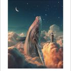 Illustration: Ein Wal ragt durch eine Wolkendecke, ein Leuchtturm steht daneben, im Hintergrund ein Sternenhimmel mit Mondsichel.