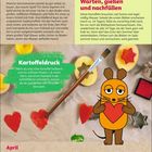 "Kartoffeln anbauen" in roter Schrift, Tipps zur Pflege, ein Kalender mit Tieren, Illustration der "Maus" mit Herz.