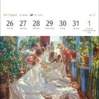 Text: Juli | August, 30. Woche, 23.7.–22.8., 26.7., 26 Montag bis 1 Sonntag Nationalfeiertag (CH).

Illustration: Eine Gruppe von Menschen beschäftigt sich mit großen, weißen Stoffen in einem sonnigen Garten.