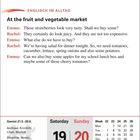 Dialog am Obst- und Gemüsemarkt. Emma und Rachel diskutieren über Erdbeeren, Salat und Schulessen. Links Kalender: 19./20. Juni.