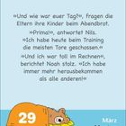 „Und wie war euer Tag?“, fragen ... Illustration: Ein Bär im Bett unter einer Decke mit der Zahl 29.