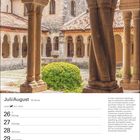 Kalenderseite: Juli/August, Woche 30. Löwe 23.7.–22.8. Im Text: Italienisches Kloster aus dem 13. Jahrhundert. Arkaden in einem Innenhof.