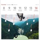 Novemberkalender mit Feiertagen. Flugzeug über Dschungel, sechs Fliegenklatschen und zwei weiße Bäume.