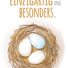 Text: "Ich bin einzigartig und besonders." Illustration: Drei Eier in einem Nest, eines ist blau, die anderen weiß.