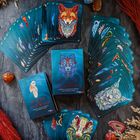 Karten mit Tieren und der Aufschrift "ECHOES OF WILD SOULS" sowie "Fuchs – Zukunft". Bunte Tierillustrationen.