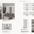 Links: "Eight-story building of the QP62 series with 96 apartments." 
Rechts: Grundrisse von Gebäuden. Unten rechts: Foto von Plattenbauten.