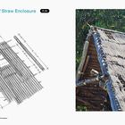 Titel: "Thatched Pili Grass / Straw Enclosure P-04". Links: Skizze mit Abmessungen und Beschriftungen. Rechts: Foto eines Strohdachs.