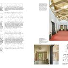 Texte beschreiben ein einladendes Gebäude mit getrennten Nutzungen. Enthält Innenansicht eines Flurs und zwei Grundrisse.