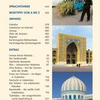 Inhalt mit Seitenzahlen und mehreren Bildern: ein Mann bei einem Auto, architektonische Gebäude mit blauen Kuppeln.