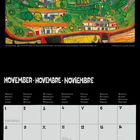 November · Novembre · Noviembre. Illustration: Bunte, abstrakte Landschaft mit Häusern und Bäumen.
