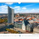Kalenderansicht eines Stadtzentrums mit moderner und historischer Architektur. Darunter: "City-Hochhaus mit Universität und Gewandhaus".