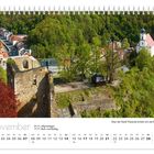 „Über der Stadt Tharandt erhebt sich die Burgruine.“ Kalenderblatt November zu sehen. Grün bewachsene Ruine über Stadt.