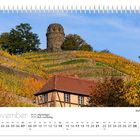 November, 01.11. Allerheiligen, 17.11. Buß- und Bettag. Bismarckturm, Fachwerkhaus, bunte herbstliche Weinberge, blauer Himmel.