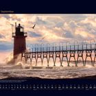 09 September. Kalender mit Leuchtturm, Brücke und Vögeln, stürmische See und dramatischer Himmel.