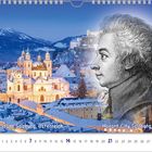 Mozart-Stadt Salzburg, Österreich. Porträt von Mozart über verschneiter Stadtansicht bei Dämmerung. Kalenderblatt für November.