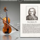 Kalenderseite mit November-Daten links; rechts ein Text über Johann Sebastian Bach. Geige und Noten im Hintergrund.