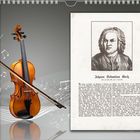 Kalenderseite zeigt November; Text über Johann Sebastian Bach; Illustration von Bach; Geige mit Bogen; Noten als Hintergrund.