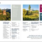 „Wandern zu faszinierenden Panoramen“ lautet die Überschrift. Links: Pfad durch Waldlandschaft, rechts: Karte. Unten: Wanderer genießen die Aussicht.