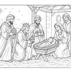 Eine Weihnachtskrippenszene mit den Heiligen Drei Königen, Maria, Josef und dem Jesuskind in einer Krippe.