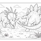 Keine Texte sichtbar. Zwei Dinosaurier im Kampf, umgeben von Palmen und Bergen, in einer Landschaft mit Wolken.