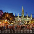 "Rathaus Wien 12" zeigt Weihnachtsmarktstände vor einem hell erleuchteten Rathaus mit detaillierter Architektur.