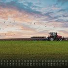 Kalender mit Datumsanzeige. Traktor pflügt ein Feld unter einem Himmel mit ziehenden Vögeln. Sonnenuntergang.