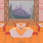 Ein Restaurant mit orangefarbenen Tischdecken, drei Tischen, roten Stühlen, einem Berggemälde und Hirsch im Hintergrund.