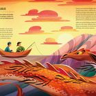 "CADBOROSAURUS. Zwei Fischer in einem Boot sehen ein seltsames Wesen im Meer. Sonnenuntergang, orangefarbener Drache im Wasser."