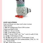TAUBE. Kopf und Körper. Anleitung für Häkeln. Graue Taubenfigur mit schwarzen und grünen Details, orange Füße.