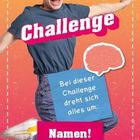 Texte: "Challenge", "Bei dieser Challenge dreht sich alles um: Namen!" Ein fröhlicher Mensch springt vor einem bunten Hintergrund.