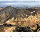 Landmannalaugar, Casares Edition, Monat: 12, Zahlenreihe 1 bis 31. Sie zeigt bunte, felsige Berge.