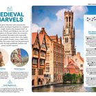 "Medieval Marvels" Titel. Texte beschreiben Belfried, Marktplätze und Beginenhöfe in Belgien. Foto von Brügge mit Kanälen und historischem Turm.