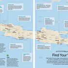 Der Text beschreibt touristische Highlights auf der Insel Java und enthält Ortsinformationen zu Jakarta, Bandung, Bogor, Semarang, Malang, Solo, Yogyakarta, Ujung Kulon Nationalpark, Pangandaran und Banyuwangi. Eine Karte von Java zeigt die Lage dieser Orte. Tipps zur Fortbewegung, wie Flugzeug, Auto und Zug, sind ebenfalls enthalten.