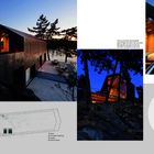 Seitenzahlen 24 und 25. Texte über Architekturdesign und Materialien. Nachtaufnahmen eines modernen Hauses im Wald.