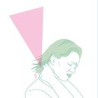 Frau hält ihren Nacken mit schmerzhaftem Gesichtsausdruck, rosa Kegel zeigt von Nacken zum Kopf.