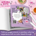 "SHARE YOUR BEAUTIFUL ARTWORK", eine geöffnete Malbuchseite mit Illustrationen und einer Palette; Text: "HIKARU KOTZ".