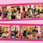 Zwei Personen in einer Küche kochen gemeinsam und haben Spaß dabei. Sie tragen Schürzen und benutzen verschiedene Zutaten.