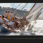 12, Kalenderblatt, Segelboot auf stürmischem Meer mit Besatzung in gelber und weißer Kleidung.